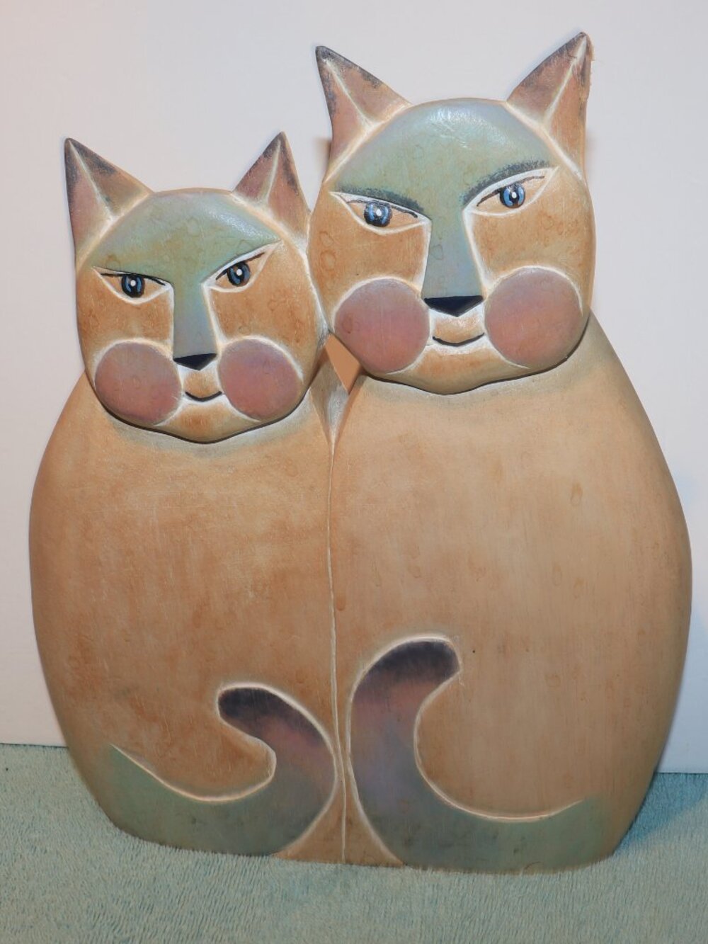 Vintage 80s Laurel Burch Style Folk Art Pair of Cats Hand Painted